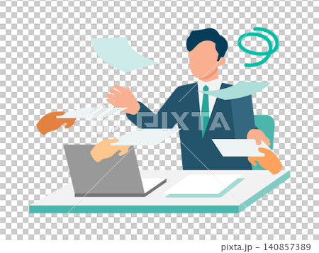 A male boss is overwhelmed by a large volume of application forms; the approval and decision-making processes are stalled in this analog office work illustration. A male boss is overwhelmed by a large volume of application forms; the approval and decision-making processes are stalled in this analog office work illustration. 140857389