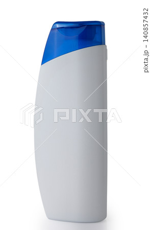 White Plastic Shampoo Bottle with Blue Cap Isolated on White Background 140857432