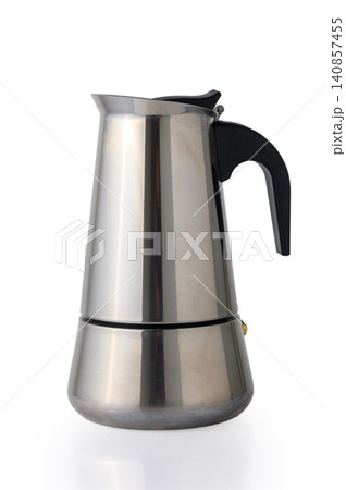 Stainless Steel Moka Pot Espresso Maker with Plastic Handle Isolated on White Background 140857455