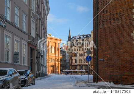 Riga Old Town Historic Architecture in Winter Snow, Latvia Riga Old Town Historic Architecture in Winter Snow, Latvia 140857508