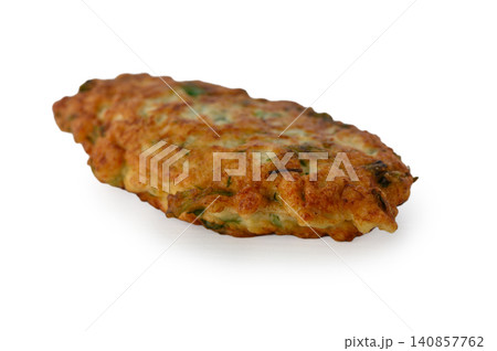 Zucchini Pancakes Fritters with Greens and Cheese Isolated on White 140857762
