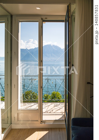 Open balcony door with Lake Geneva view in Montreux Switzerland Open balcony door with Lake Geneva view in Montreux Switzerland 140857831