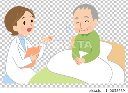 醫生正在和一位坐在床上的老人交談；上門護士。 140858689