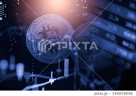 Modern way of exchange. Bitcoin is convenient payment in global economy market. Virtual digital currency and financial investment trade concept. Abstract cryptocurrency with gold bitcoin background. 140859048
