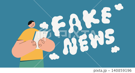 Flat design illustration of a person reading a tablet next to bold bubbly fake news text on teal background, representing fake news awareness and media literacy. Perfect for education and social conte Flat design illustration of a person reading a tablet next to bold bubbly fake news text on teal background, representing fake news awareness and media literacy. Perfect for education and social conte 140859196