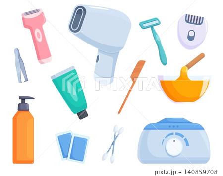 Body hair removal equipment. Depilatory tools for home and professional salon using. Wax stripes, razor, laser and sugaring, sapid vector set Body hair removal equipment. Depilatory tools for home and professional salon using. Wax stripes, razor, laser and sugaring, sapid vector set 140859708