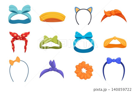 Beautiful headbands. Colorful cartoon headband, fabric hair clips and elastic. Trendy fashion girls women accessories for different hairstyle, sapid vector set 140859722