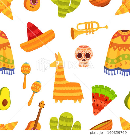 Mexican style seamless pattern. Mexico festival symbols, poncho, sombrero, pinatas, cactus. Colorful carnival print for fabric, vector background Mexican style seamless pattern. Mexico festival symbols, poncho, sombrero, pinatas, cactus. Colorful carnival print for fabric, vector background 140859769
