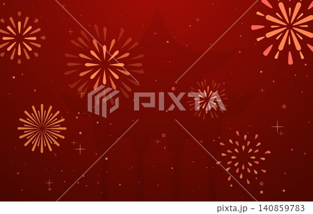 Asian festival banner template. Chinese holiday poster with temple silhouette and fireworks. Oriental traditional background, vector design Asian festival banner template. Chinese holiday poster with temple silhouette and fireworks. Oriental traditional background, vector design 140859783