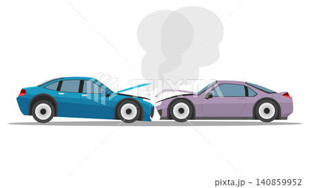 Flat vector illustration depicting a head on car collision. Blue sedan and a purple coupe smash together leaving crumpled hoods and grey smoke clouds rising from under the engines. Flat vector illustration depicting a head on car collision. Blue sedan and a purple coupe smash together leaving crumpled hoods and grey smoke clouds rising from under the engines. 140859952