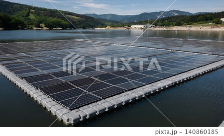 Blue geometric pattern with water and mountain background 140860185