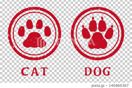 A simple and cute cat and dog paw print stamp illustration set with faded red ink. A simple and cute cat and dog paw print stamp illustration set with faded red ink. 140860367