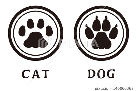 シンプルでかわいい猫と犬の肉球足跡スタンプイラストセット モノクロのフラットデザイン シンプルでかわいい猫と犬の肉球足跡スタンプイラストセット モノクロのフラットデザイン 140860368