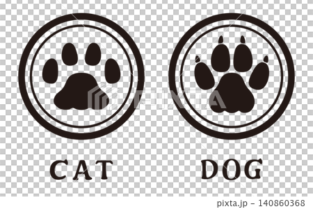 シンプルでかわいい猫と犬の肉球足跡スタンプイラストセット モノクロのフラットデザイン シンプルでかわいい猫と犬の肉球足跡スタンプイラストセット モノクロのフラットデザイン 140860368