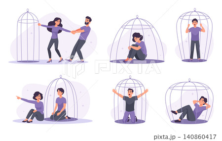 Emotional Prison. Vector scenes with men and women locked in cages seeking freedom facing fear and anxiety exact symbolic illustration Emotional Prison. Vector scenes with men and women locked in cages seeking freedom facing fear and anxiety exact symbolic illustration 140860417