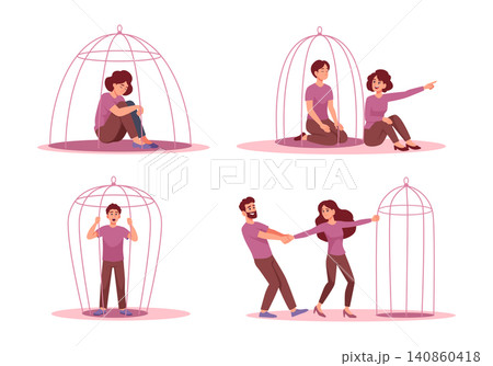 Mental Isolation. Vector people trapped inside bird cages showing loneliness stress emotional barriers and social isolation concept exact illustration set 140860418