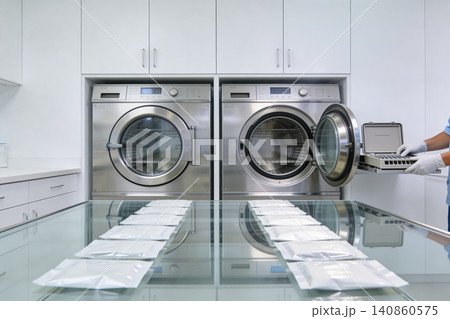 Sterilization equipment in a clean room with medical instruments being prepared Sterilization equipment in a clean room with medical instruments being prepared 140860575
