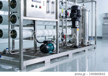 Industrial water purification system with pumps, filters, and control panel Industrial water purification system with pumps, filters, and control panel 140860642