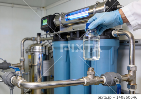 Advanced water purification system showcasing clean filtered water Advanced water purification system showcasing clean filtered water 140860646