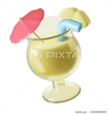 Pina Colada cocktail 3D icon. Summer drink in a glass with a straw, umbrella and pineapple slice Pina Colada cocktail 3D icon. Summer drink in a glass with a straw, umbrella and pineapple slice 140860669