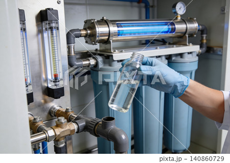 Scientist examines purified water sample from advanced filtration system 140860729