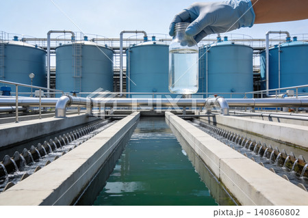 Water treatment plant with hand holding sample of purified water in a glass jar 140860802