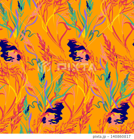 Vibrant seamless vector print featuring artistic wild grass and botanical silhouettes on bright orange. Perfect for modern fashion and textiles. Vibrant seamless vector print featuring artistic wild grass and botanical silhouettes on bright orange. Perfect for modern fashion and textiles. 140860817