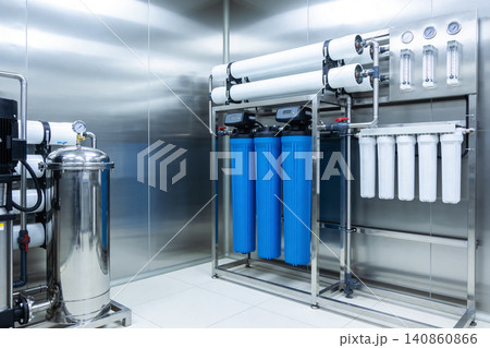 Industrial water purification system with multiple filtration stages and gauges Industrial water purification system with multiple filtration stages and gauges 140860866