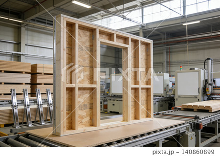 Prefabricated wooden wall frame with doorway opening on a factory production line Prefabricated wooden wall frame with doorway opening on a factory production line 140860899