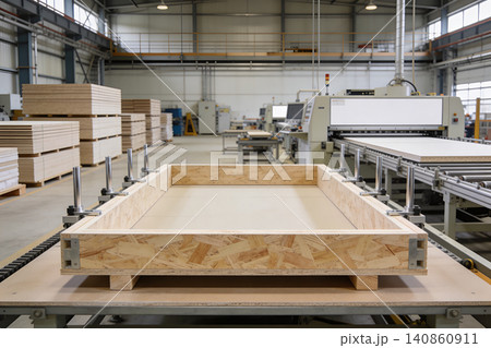 Modern factory producing wooden building components with advanced machinery Modern factory producing wooden building components with advanced machinery 140860911