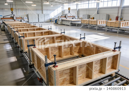 Wooden crate assembly line in a modern factory setting 140860913