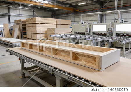 Modern factory producing prefabricated wooden building elements on an automated assembly line Modern factory producing prefabricated wooden building elements on an automated assembly line 140860919