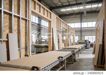 Modern factory interior with automated machinery and construction materials Modern factory interior with automated machinery and construction materials 140860925
