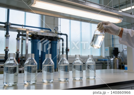 Scientist examines clear liquid samples in laboratory bottles with water filtration system Scientist examines clear liquid samples in laboratory bottles with water filtration system 140860966
