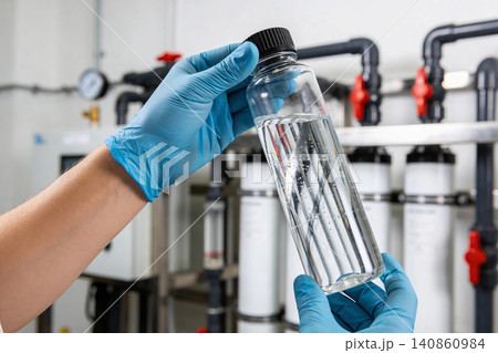 Scientist in blue gloves holding a clear liquid sample in a laboratory setting 140860984