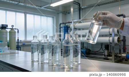 Scientist examining purified water samples in a modern laboratory setting Scientist examining purified water samples in a modern laboratory setting 140860998