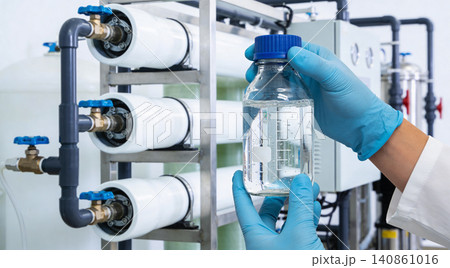 Scientist holding sample bottle near water purification system Scientist holding sample bottle near water purification system 140861016