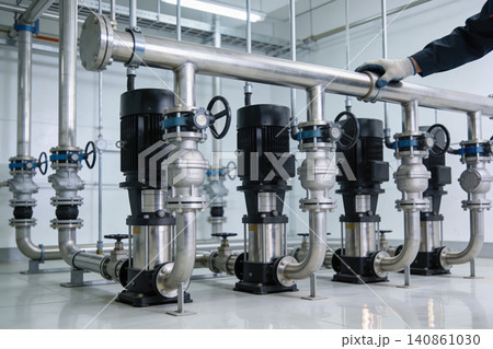 Industrial water pump system with stainless steel pipes and valves Industrial water pump system with stainless steel pipes and valves 140861030