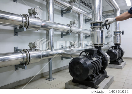 Industrial plumbing system with pumps and valves in a clean facility Industrial plumbing system with pumps and valves in a clean facility 140861032