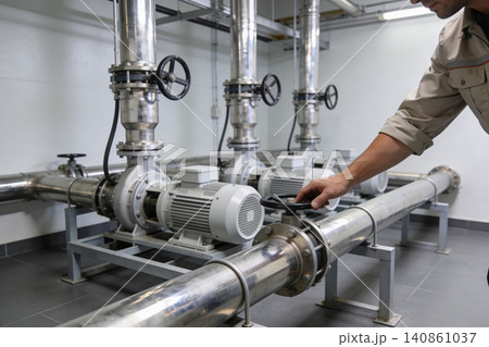 Industrial pump system with technician adjusting valve in modern facility Industrial pump system with technician adjusting valve in modern facility 140861037