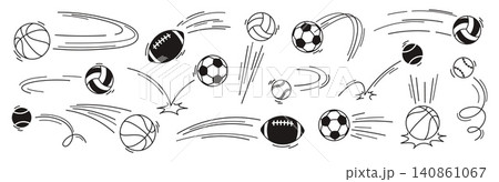 Jumping doodle balls. Sport actions, ball jumps and flying after blow. Soccer, tennis, american football, volleyball, basketball. Motion acts, racy vector clipart Jumping doodle balls. Sport actions, ball jumps and flying after blow. Soccer, tennis, american football, volleyball, basketball. Motion acts, racy vector clipart 140861067