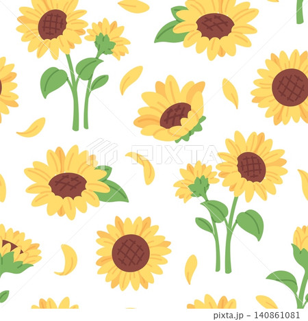 Yellow sunflower seamless pattern. Blooming sunflowers, agriculture plants with oilseeds, yellow petals. Colorful print template, floral racy vector background 140861081