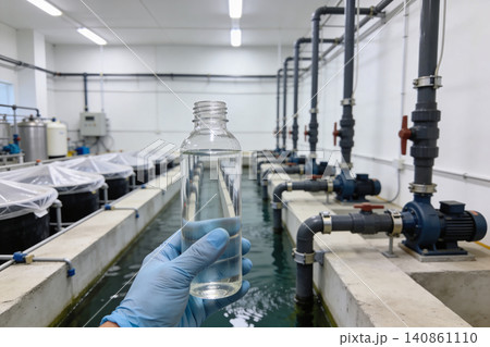 Scientist holding water sample in industrial aquaculture facility with pumps and tanks Scientist holding water sample in industrial aquaculture facility with pumps and tanks 140861110