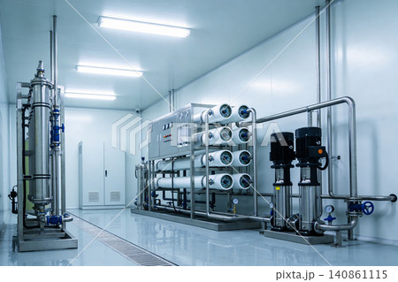 Industrial water purification system with pumps and filtration units in a clean room Industrial water purification system with pumps and filtration units in a clean room 140861115