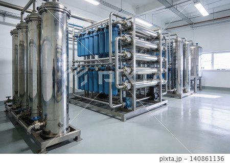 Industrial water purification system with stainless steel tanks and blue filters Industrial water purification system with stainless steel tanks and blue filters 140861136