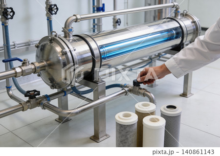Industrial UV water purification system with technician adjusting valve and filters Industrial UV water purification system with technician adjusting valve and filters 140861143