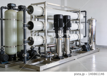 Industrial water purification system with pumps and filtration tanks Industrial water purification system with pumps and filtration tanks 140861146