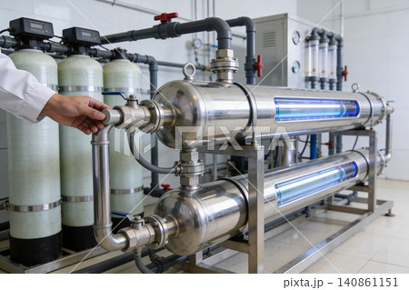 Industrial water purification system with UV sterilization and filtration tanks Industrial water purification system with UV sterilization and filtration tanks 140861151