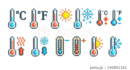 Pixel art weather thermometers. Pixelated thermometer column show different outside temperature. Winter, summer seasons, game 8 bit icons, tidy vector clipart Pixel art weather thermometers. Pixelated thermometer column show different outside temperature. Winter, summer seasons, game 8 bit icons, tidy vector clipart 140861181