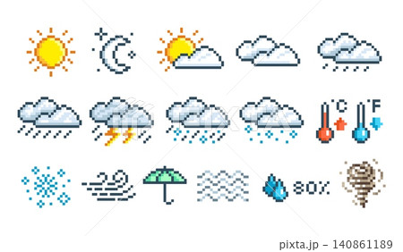 Weather pixel icons. Weather forecast 8 bit symbols. Clouds, sun, crescent, rain and snow. Humidity and temperature indicators, thermometers tidy vector set 140861189